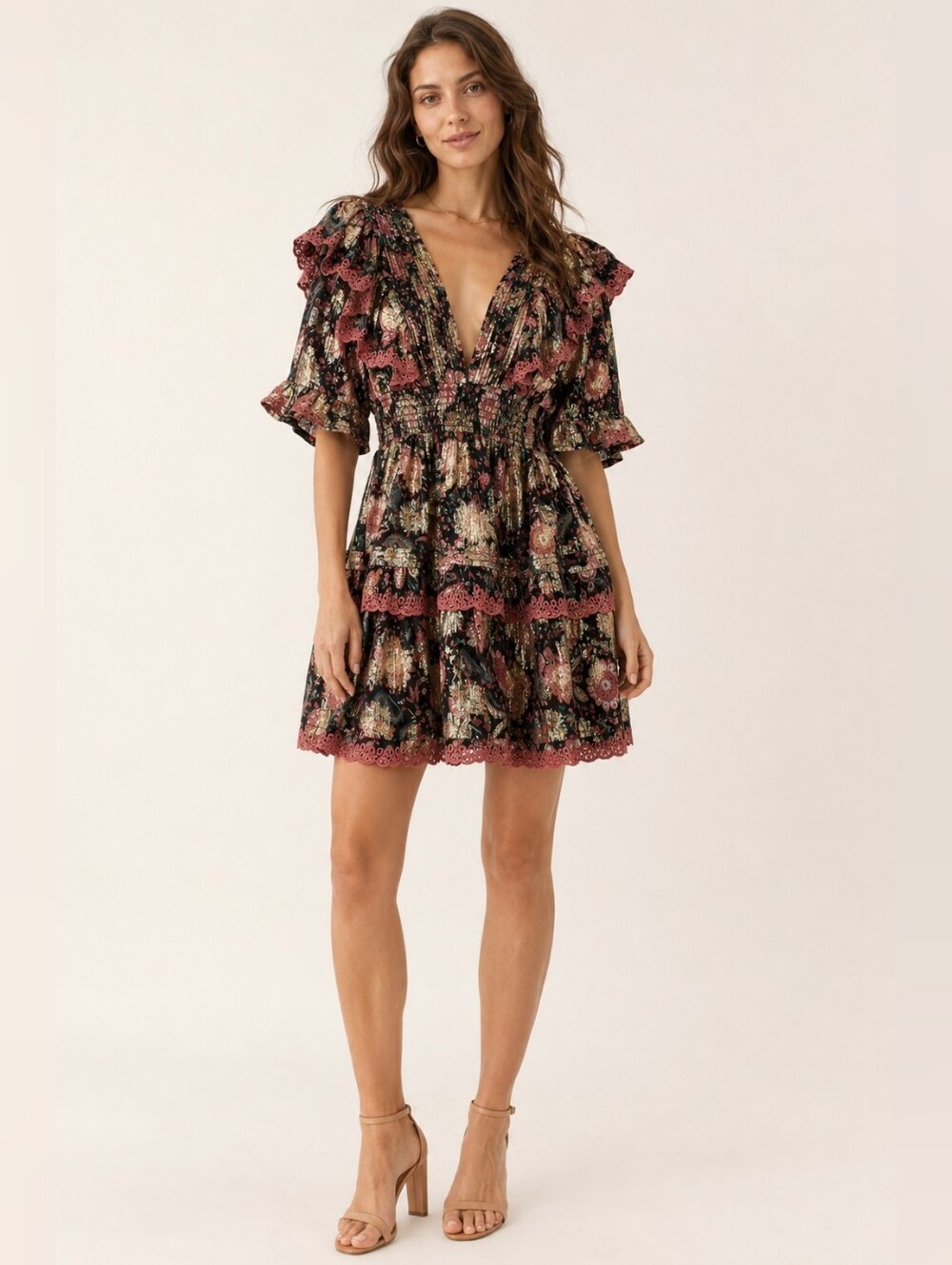 Calling June Metallic Floral Jacquard Mini Dress Size Large